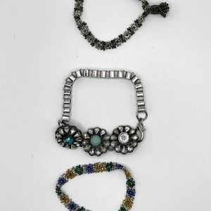 3 Vintage Flower Bracelets Bundle Intricate Details in Beads and Carved Stone